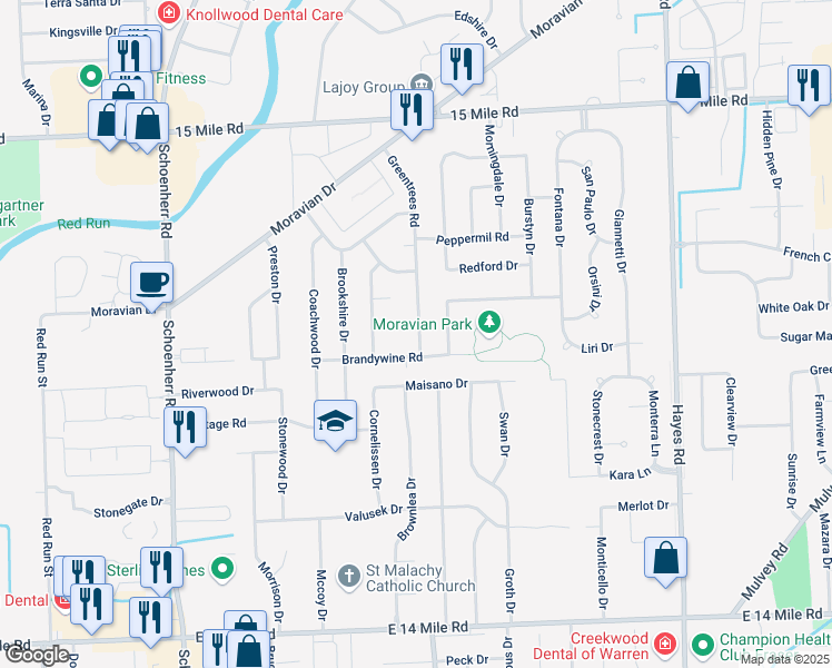 map of restaurants, bars, coffee shops, grocery stores, and more near 34009 Greentrees Road in Sterling Heights