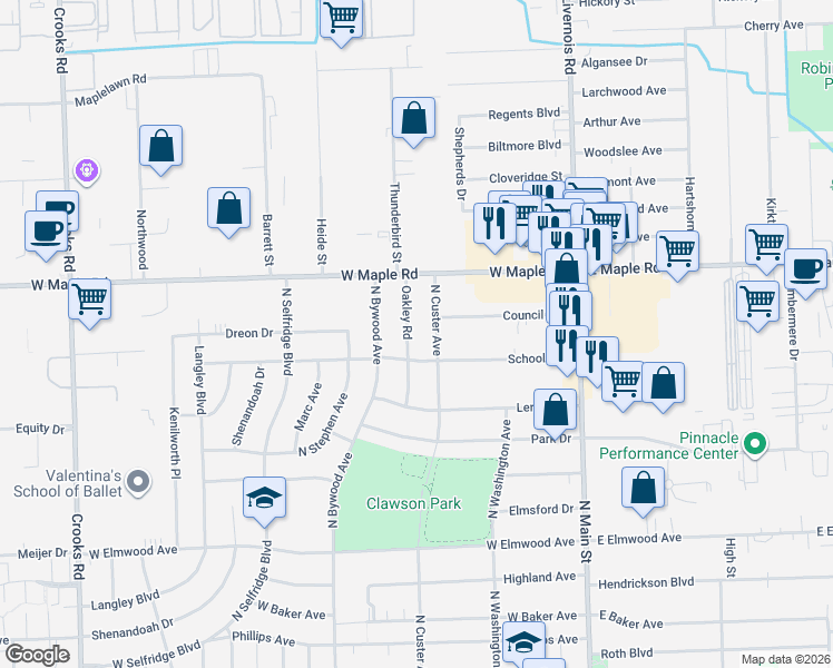 map of restaurants, bars, coffee shops, grocery stores, and more near 1421 North Custer Avenue in Clawson