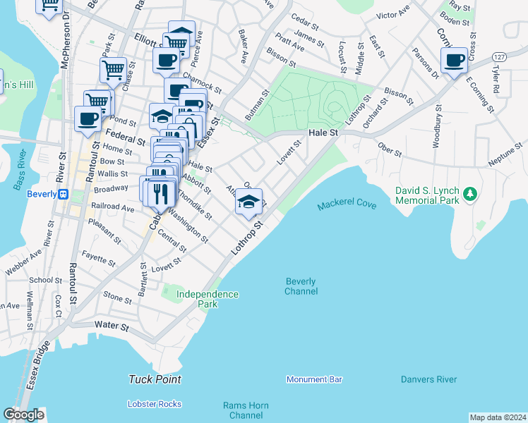 map of restaurants, bars, coffee shops, grocery stores, and more near 85 Lothrop Street in Beverly