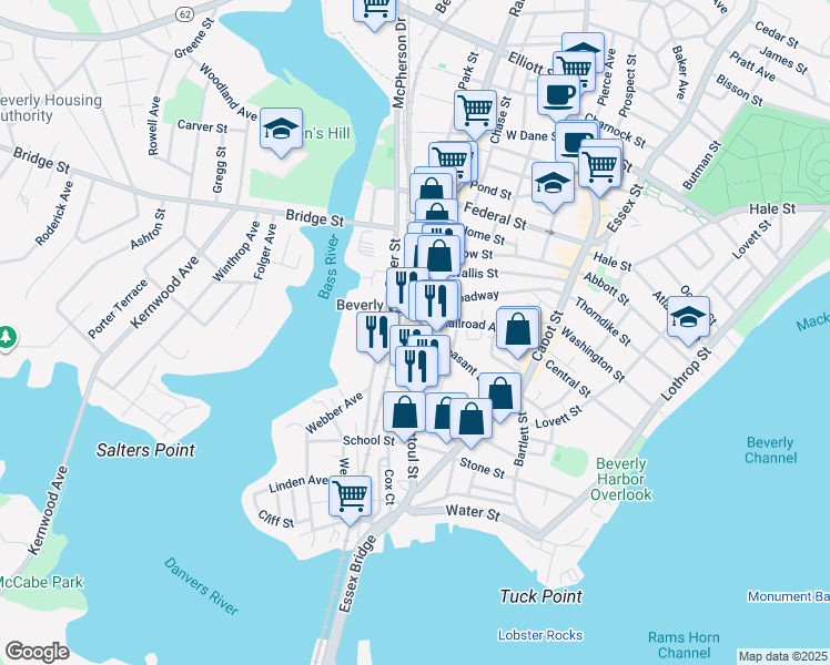map of restaurants, bars, coffee shops, grocery stores, and more near 62 Pleasant Street in Beverly