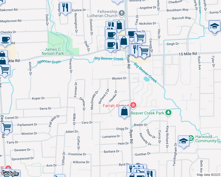 map of restaurants, bars, coffee shops, grocery stores, and more near 34567 Hawke Drive in Sterling Heights