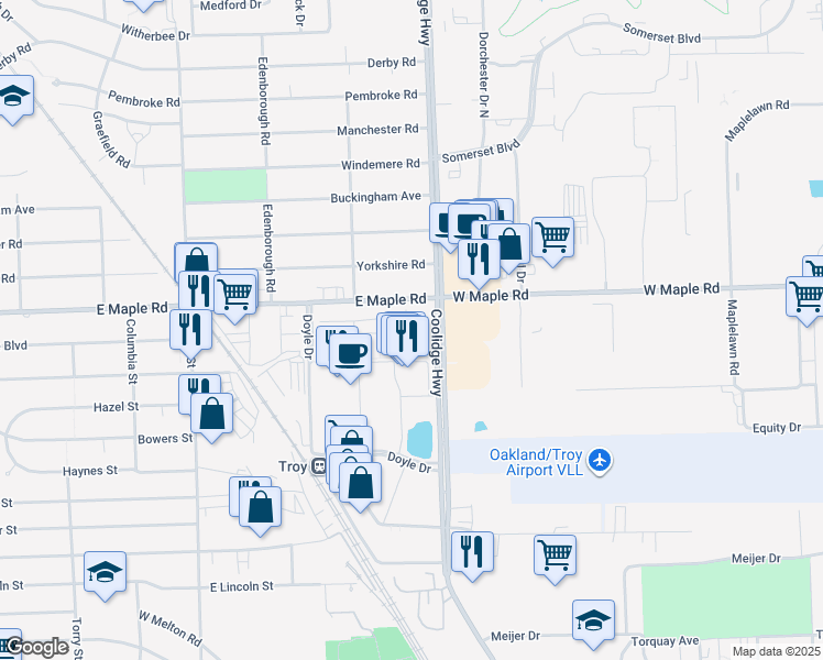 map of restaurants, bars, coffee shops, grocery stores, and more near 1420 Devon Lane in Troy