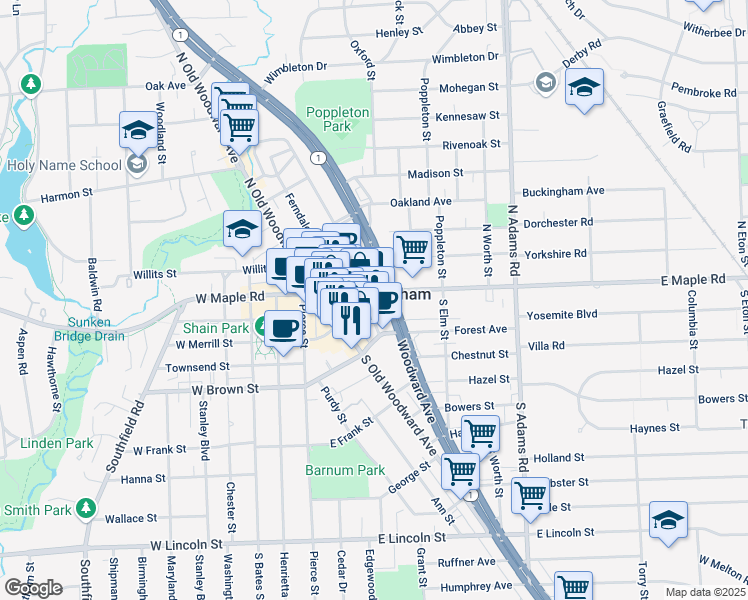 map of restaurants, bars, coffee shops, grocery stores, and more near 211 South Old Woodward Avenue in Birmingham