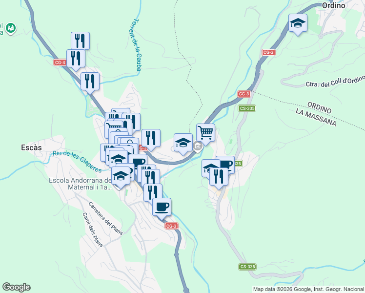 map of restaurants, bars, coffee shops, grocery stores, and more near Camí Heliport in La Massana