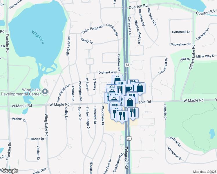 map of restaurants, bars, coffee shops, grocery stores, and more near 27 Service Drive in Bloomfield Township