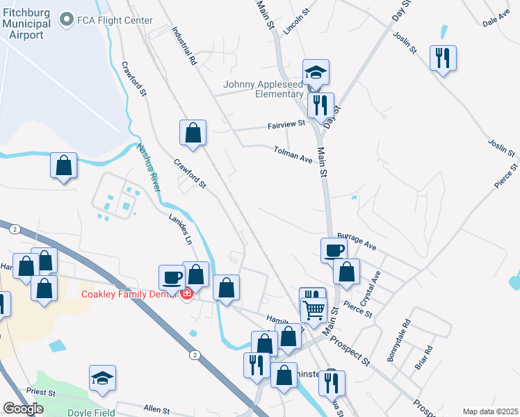 map of restaurants, bars, coffee shops, grocery stores, and more near 97 Mooreland Avenue in Leominster