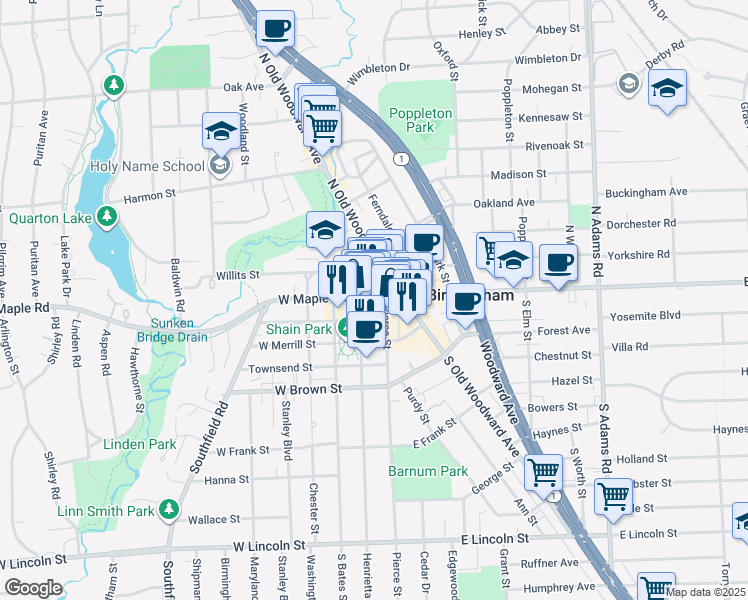 map of restaurants, bars, coffee shops, grocery stores, and more near 155 Henrietta Street in Birmingham