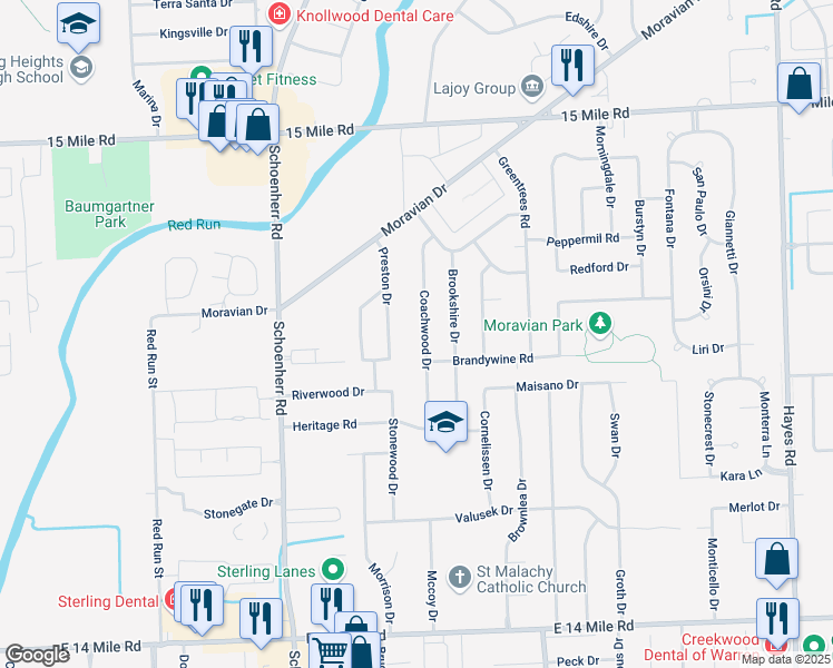 map of restaurants, bars, coffee shops, grocery stores, and more near 34039 Coachwood Drive in Sterling Heights