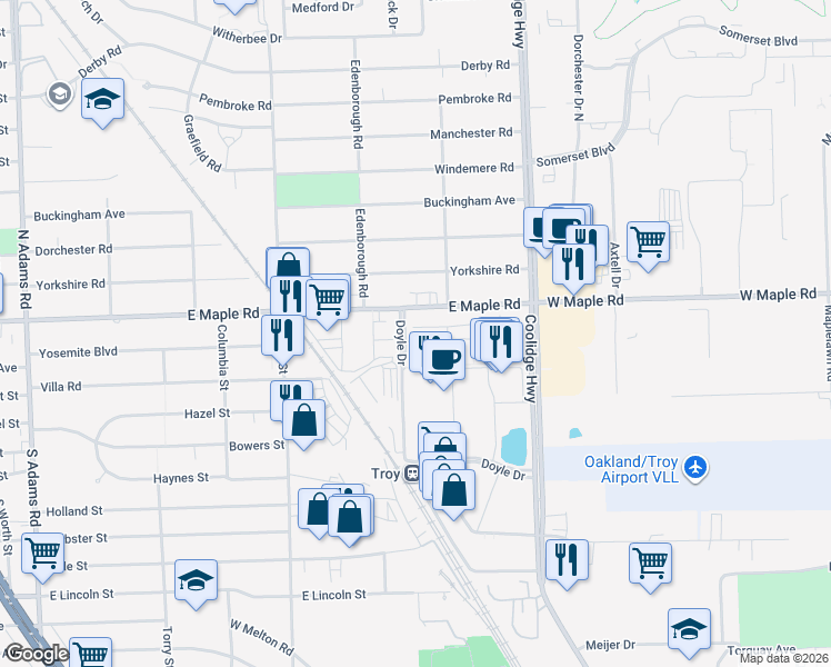 map of restaurants, bars, coffee shops, grocery stores, and more near 3279 Camden Drive in Troy