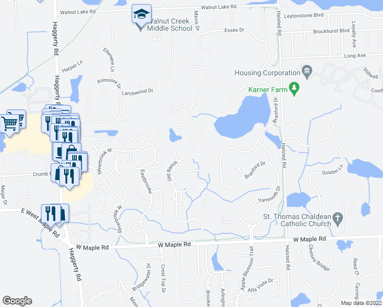 map of restaurants, bars, coffee shops, grocery stores, and more near 7383 Pepper Creek in West Bloomfield Township