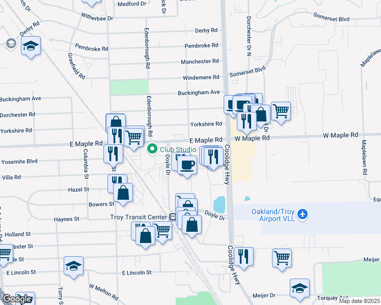 map of restaurants, bars, coffee shops, grocery stores, and more near 3197 Newbury Place in Troy