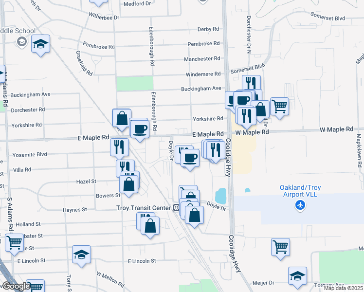map of restaurants, bars, coffee shops, grocery stores, and more near 3197 Newbury Place in Troy