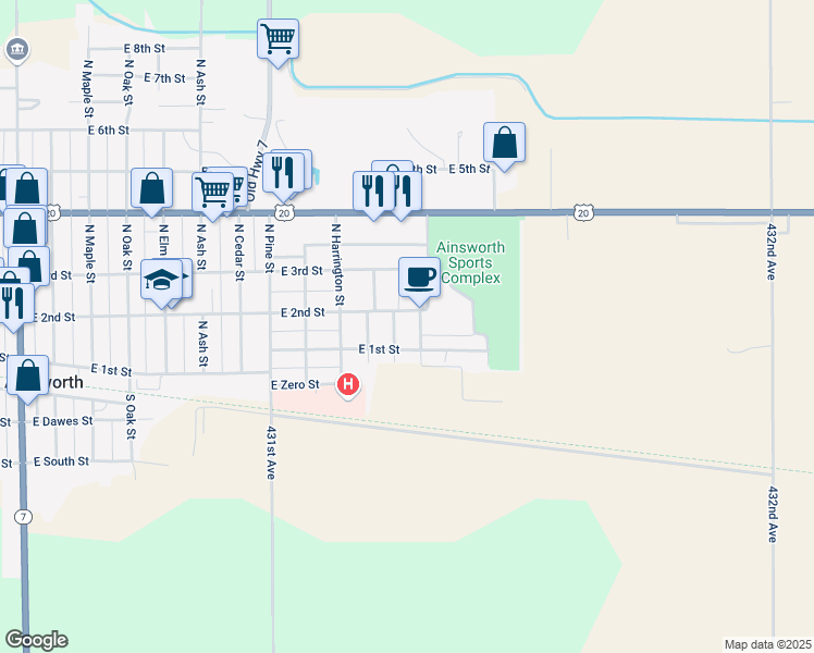 map of restaurants, bars, coffee shops, grocery stores, and more near 1206 East 1st Street in Ainsworth