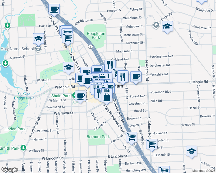 map of restaurants, bars, coffee shops, grocery stores, and more near 34977 Woodward Avenue in Birmingham