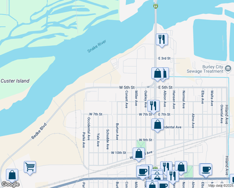 map of restaurants, bars, coffee shops, grocery stores, and more near 557 Burton Avenue in Burley