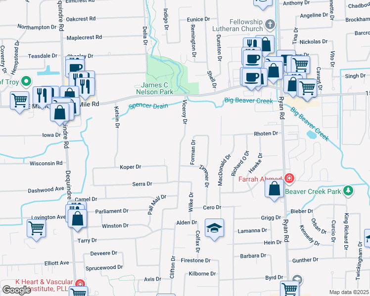map of restaurants, bars, coffee shops, grocery stores, and more near 34537 Forman Drive in Sterling Heights
