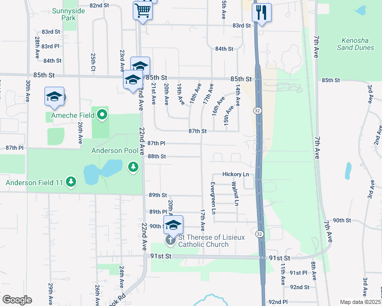 map of restaurants, bars, coffee shops, grocery stores, and more near 1803 88th Street in Kenosha