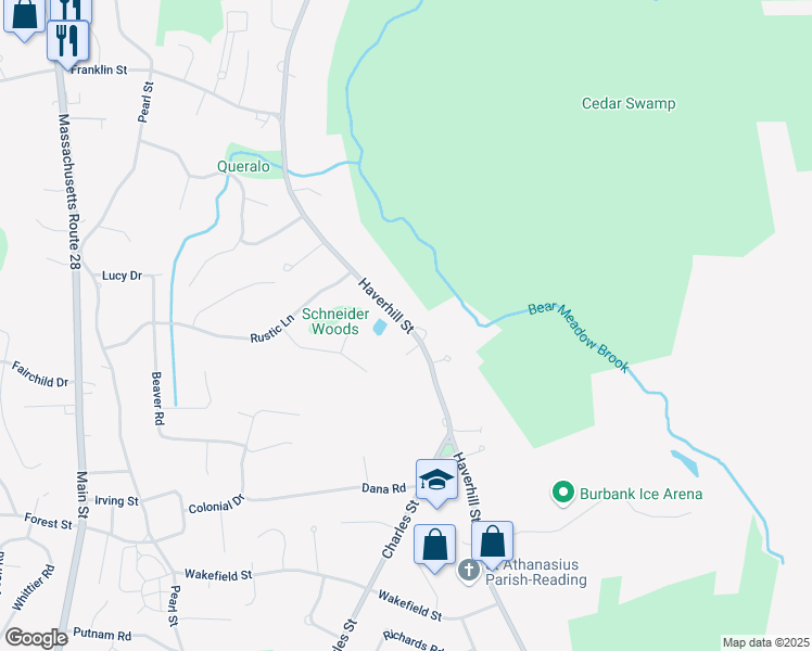 map of restaurants, bars, coffee shops, grocery stores, and more near 456 Haverhill Street in Reading