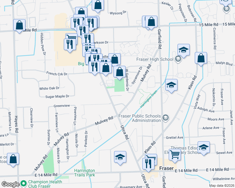 map of restaurants, bars, coffee shops, grocery stores, and more near 16327 Orchard Lane in Fraser