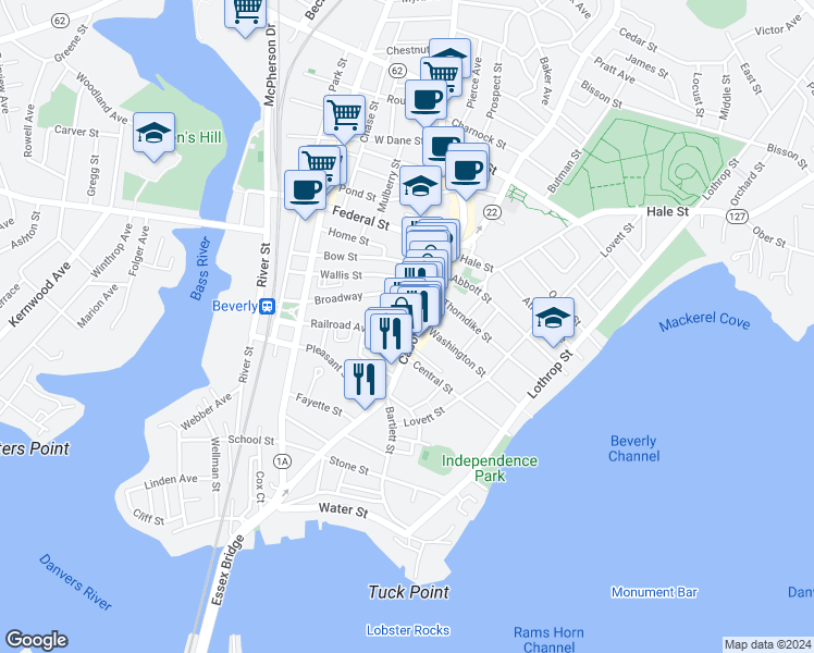 map of restaurants, bars, coffee shops, grocery stores, and more near 125 Cabot Street in Beverly