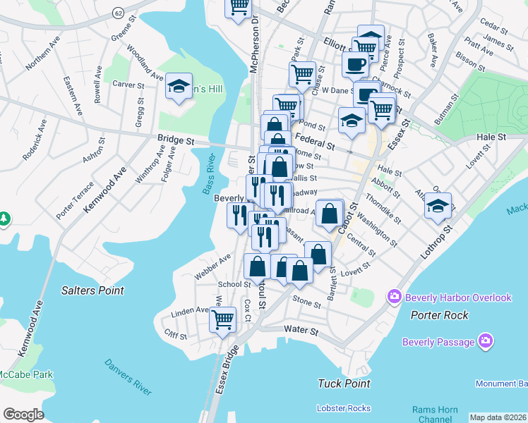 map of restaurants, bars, coffee shops, grocery stores, and more near 62 Pleasant Street in Beverly