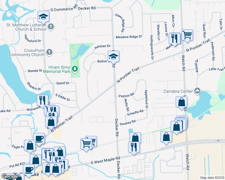 map of restaurants, bars, coffee shops, grocery stores, and more near 1409 Decker Road in Walled Lake