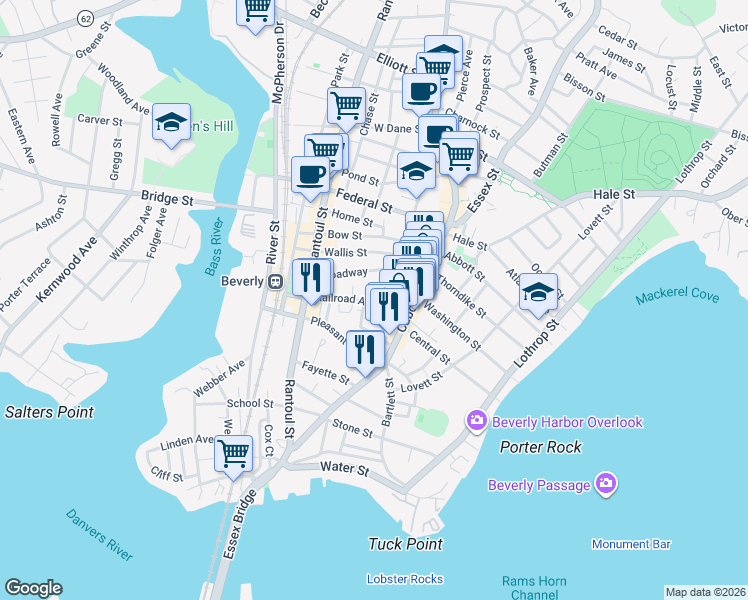 map of restaurants, bars, coffee shops, grocery stores, and more near 9 Highland Terrace in Beverly