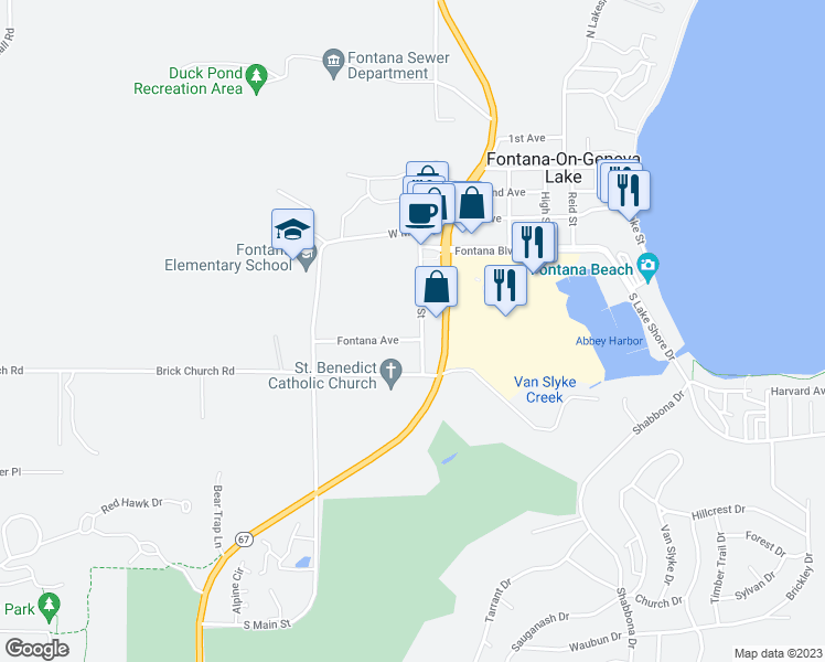 map of restaurants, bars, coffee shops, grocery stores, and more near 122 Fontana Avenue in Fontana-on-Geneva Lake