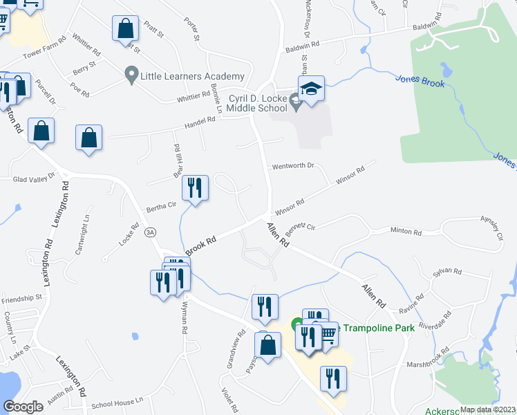 map of restaurants, bars, coffee shops, grocery stores, and more near 36 Webb Brook Road in Billerica