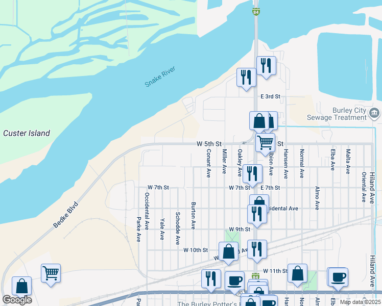 map of restaurants, bars, coffee shops, grocery stores, and more near 500 Burton Avenue in Burley