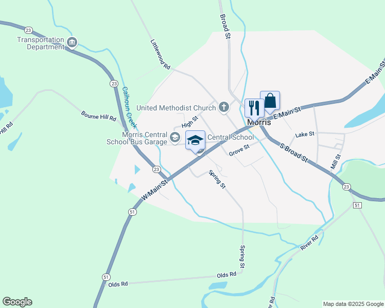 map of restaurants, bars, coffee shops, grocery stores, and more near 65 West Main Street in Morris