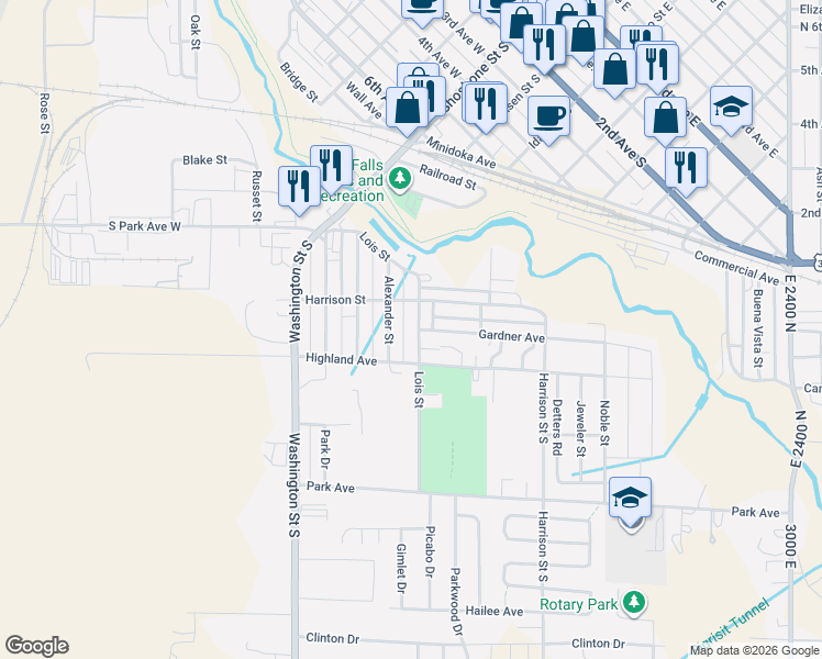 map of restaurants, bars, coffee shops, grocery stores, and more near 271 Highland Avenue in Twin Falls