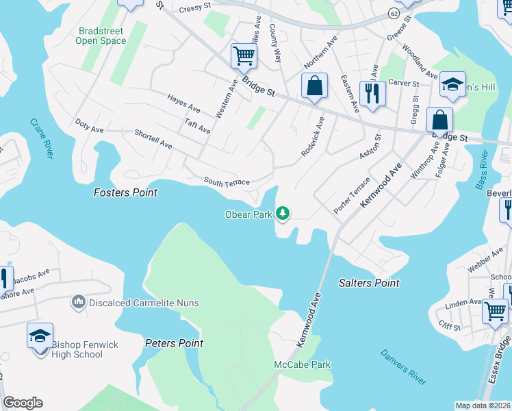 map of restaurants, bars, coffee shops, grocery stores, and more near 99 Parkview Avenue in Beverly