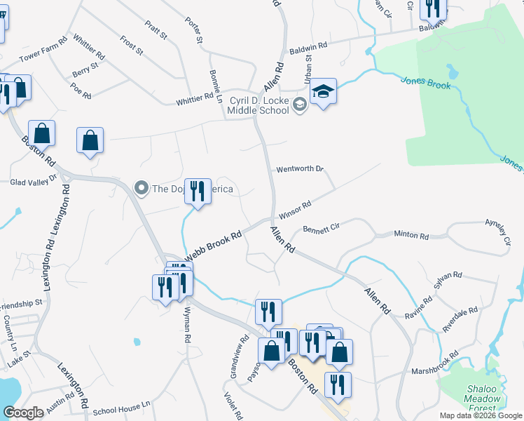 map of restaurants, bars, coffee shops, grocery stores, and more near 33 Webb Brook Road in Billerica