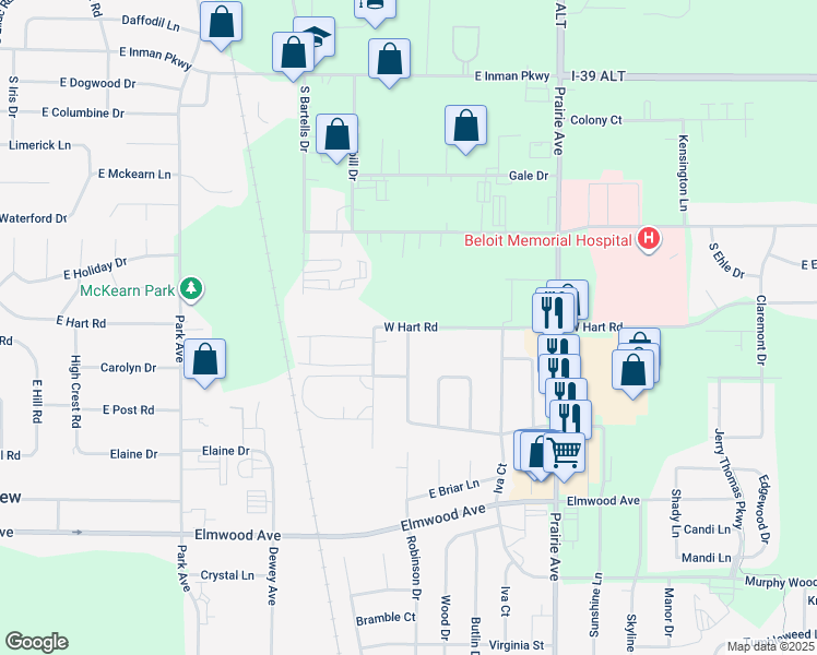 map of restaurants, bars, coffee shops, grocery stores, and more near 2757 North Robinson Drive in Beloit