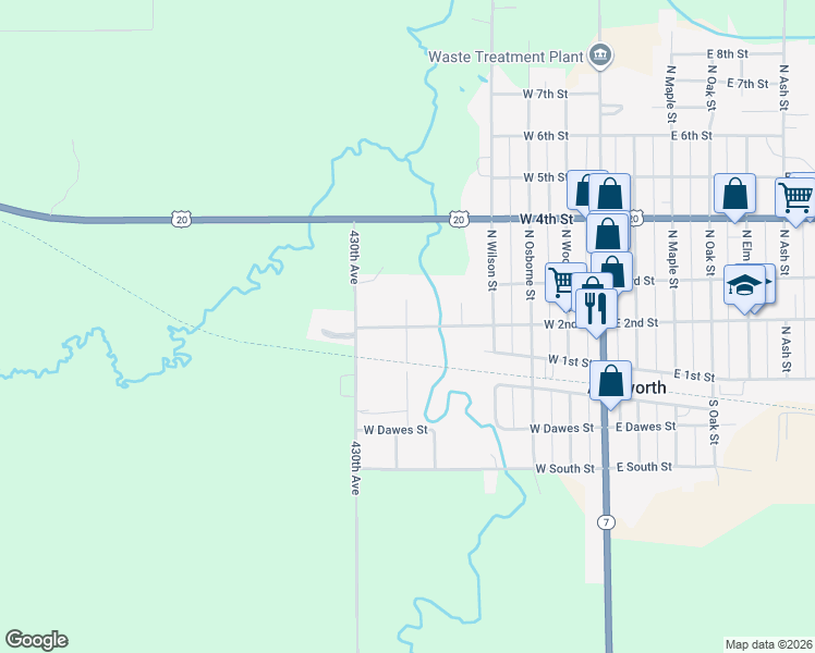 map of restaurants, bars, coffee shops, grocery stores, and more near Hall Street in Ainsworth