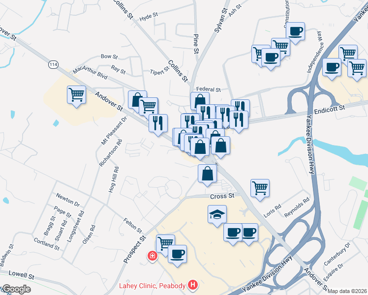 map of restaurants, bars, coffee shops, grocery stores, and more near 0 Willowdale Avenue in Peabody