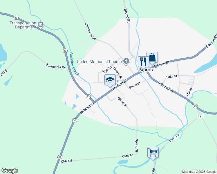 map of restaurants, bars, coffee shops, grocery stores, and more near 65 West Main Street in Morris