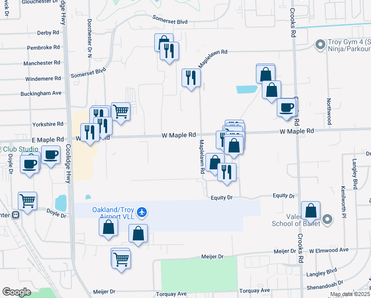 map of restaurants, bars, coffee shops, grocery stores, and more near 2135 West Maple Road in Troy