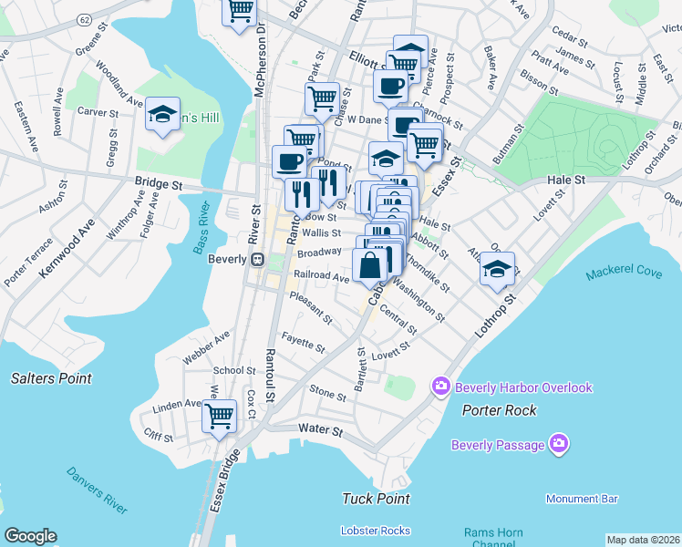 map of restaurants, bars, coffee shops, grocery stores, and more near 22 Broadway in Beverly