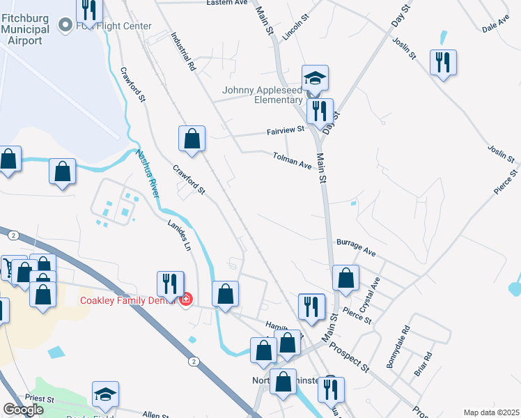 map of restaurants, bars, coffee shops, grocery stores, and more near 97 Mooreland Avenue in Leominster