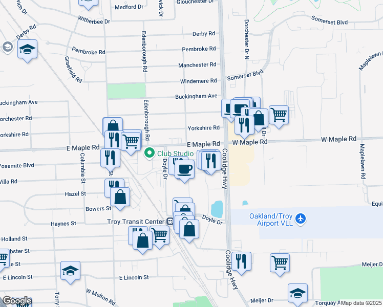 map of restaurants, bars, coffee shops, grocery stores, and more near 2711 East Maple Road in Birmingham
