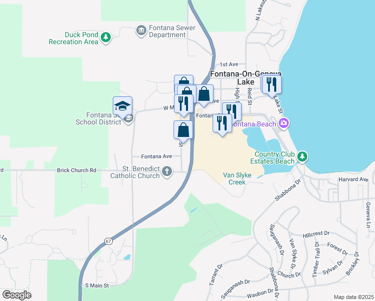 map of restaurants, bars, coffee shops, grocery stores, and more near 543 Valley View Dr in Fontana-on-Geneva Lake