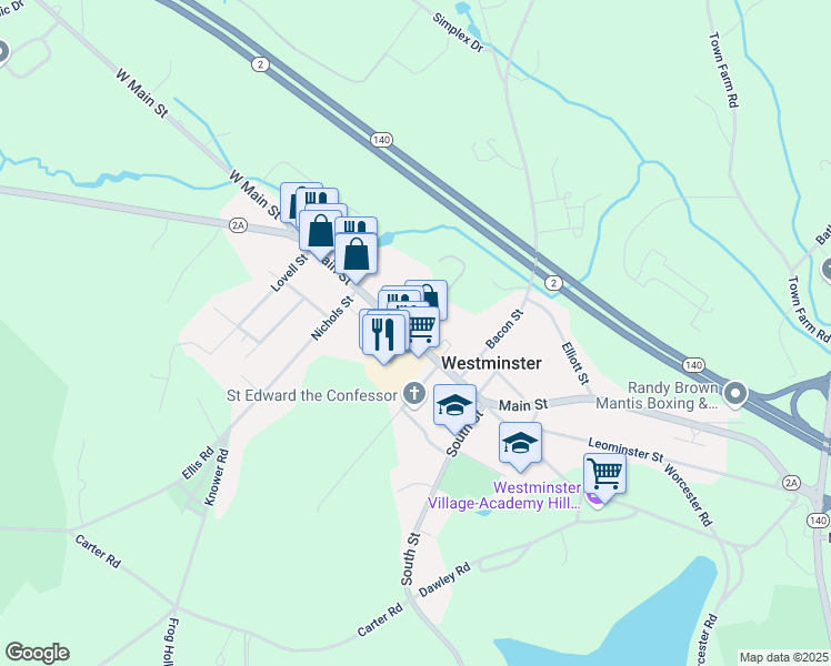 map of restaurants, bars, coffee shops, grocery stores, and more near 100 Main Street in Westminster