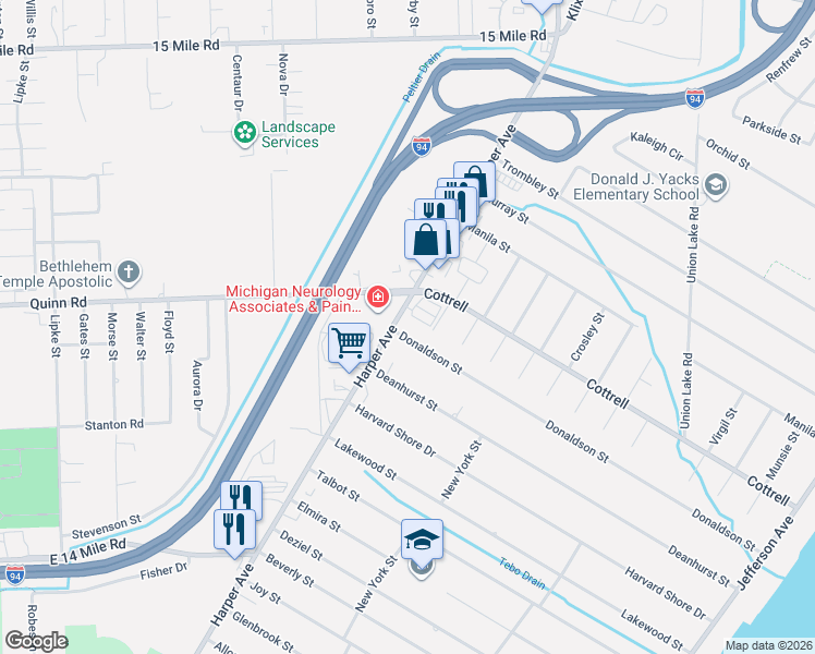 map of restaurants, bars, coffee shops, grocery stores, and more near 34111 Harper Avenue in Clinton Township