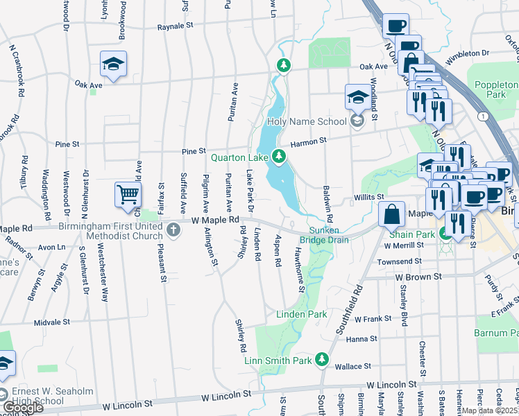 map of restaurants, bars, coffee shops, grocery stores, and more near 240 Lake Park Drive in Birmingham