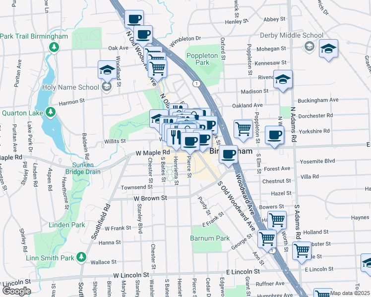 map of restaurants, bars, coffee shops, grocery stores, and more near 275 North Old Woodward Avenue in Birmingham