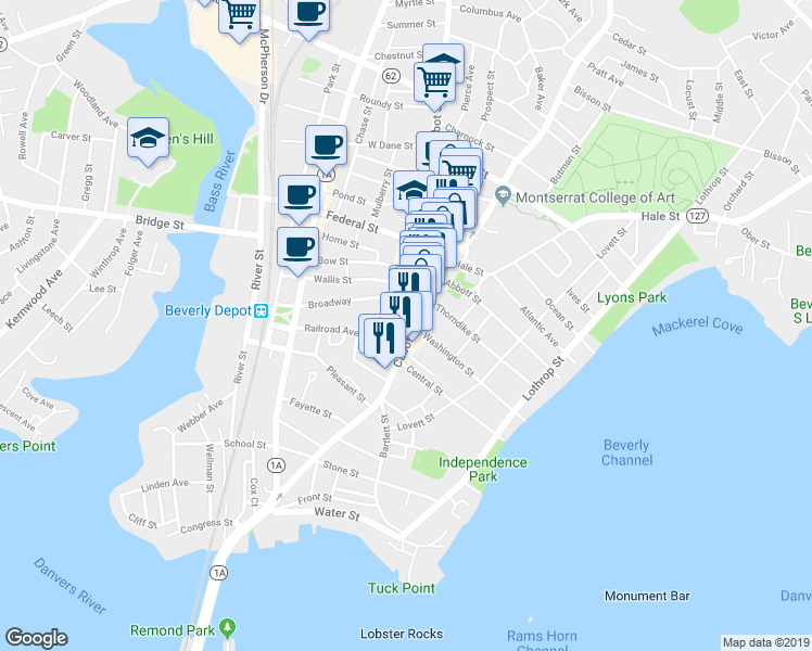 map of restaurants, bars, coffee shops, grocery stores, and more near 5 Vestry Street in Beverly