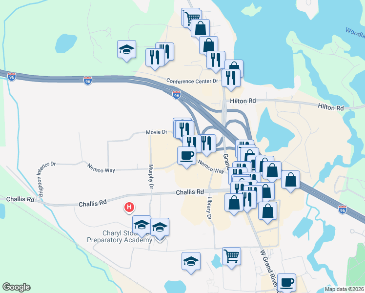 map of restaurants, bars, coffee shops, grocery stores, and more near 8285 Movie Drive in Brighton