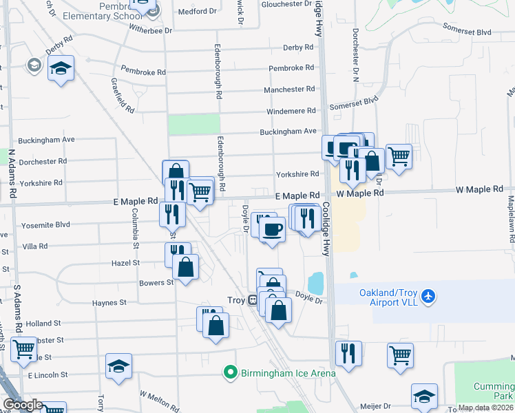 map of restaurants, bars, coffee shops, grocery stores, and more near 2567 East Maple Road in Birmingham